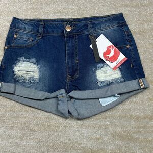 Hot Kiss Denim Shorts Womens 11 High Rise Distressed Rolled Cuff Casual Blue